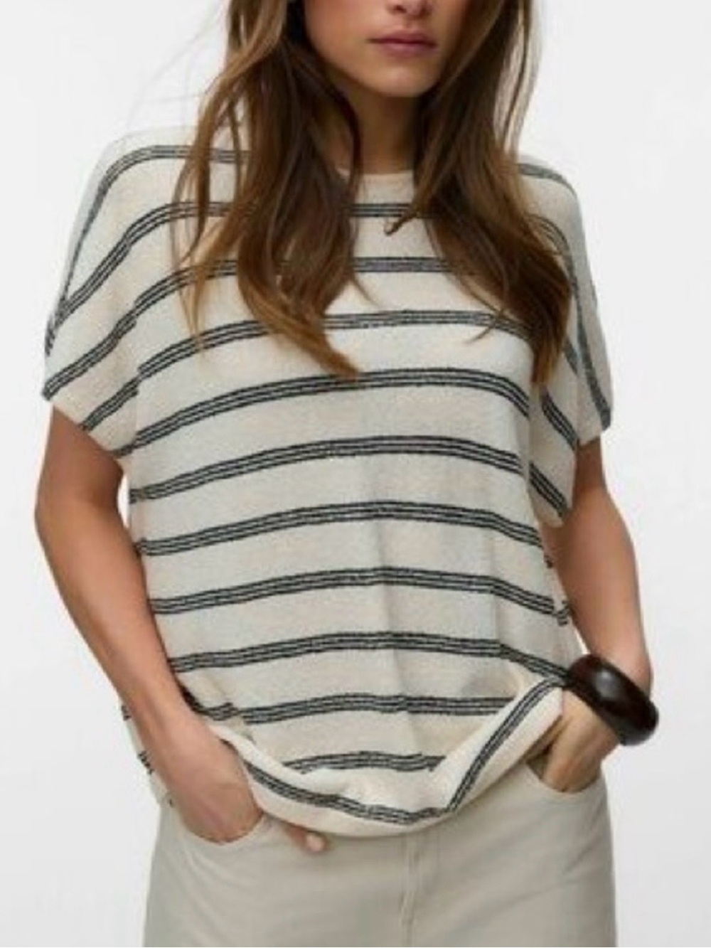 Zara Casual Striped Boxy Knit Top - Cream/Black, Size M